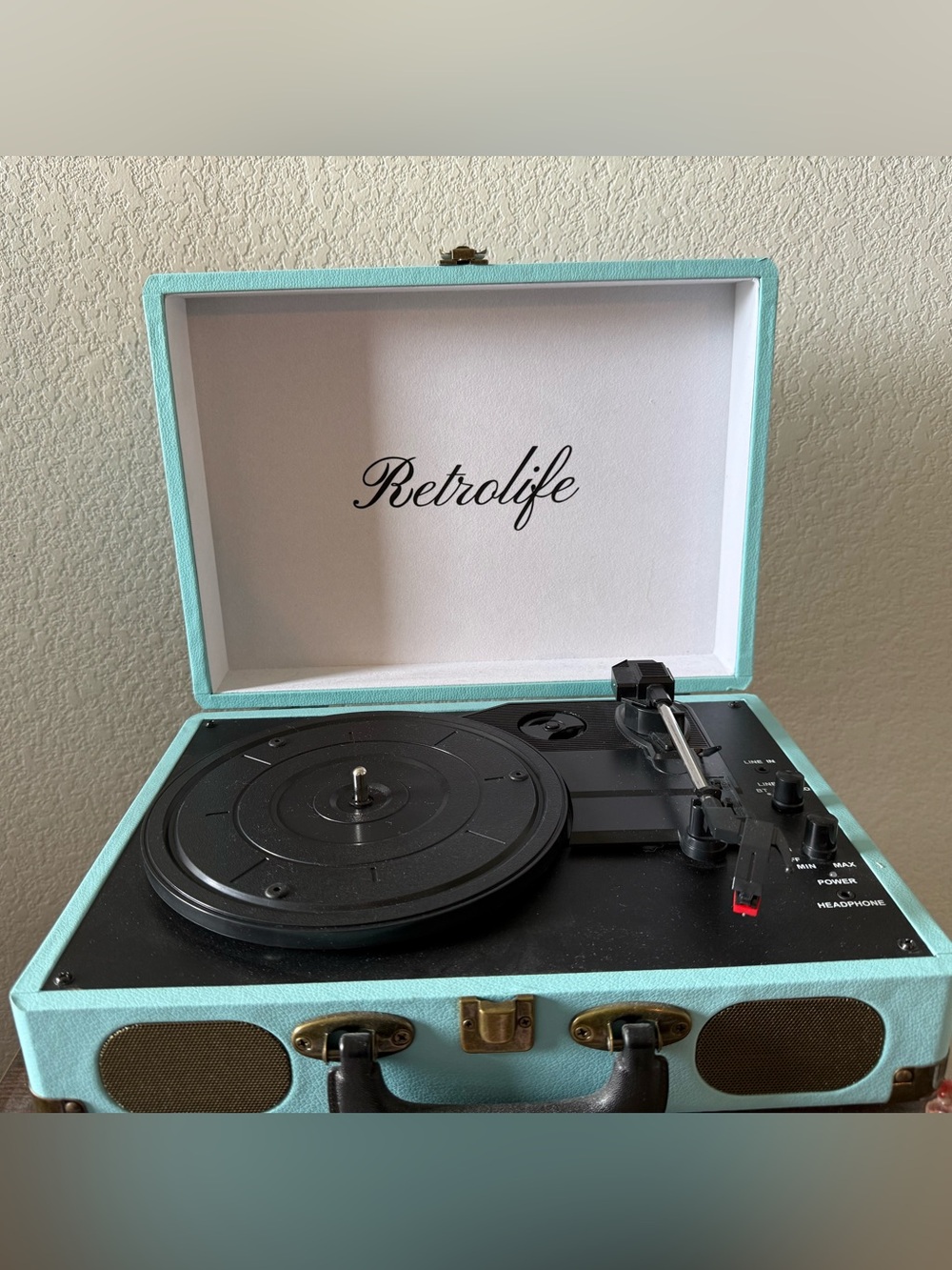 Retrolife Portable Turntable Record Player in Mint Blue + Cleaning Kit & Needles